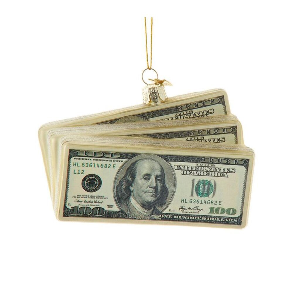 Kurt Adler 5In Noble Gems Glass $100 Bills Ornament, Green